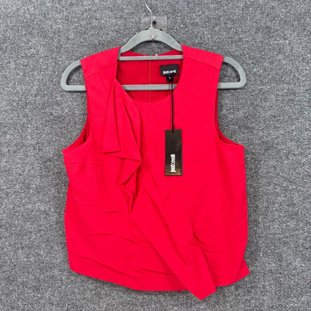Just Cavalli Shirt Women 40 Red Ruffle Front Sleeveless Draped Flowy Blouse NEW